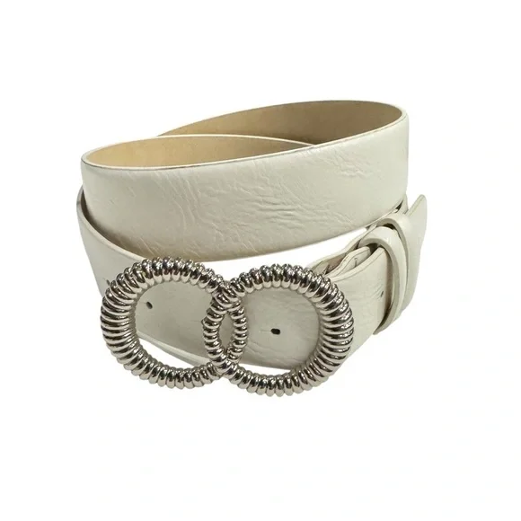 Vince Camuto White Wide Belt Silver Double Ring Buckle Statement - Picture 3 of 11